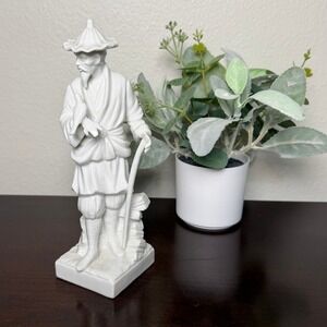 Fitz and Floyd White Porcelain Figurine Asian Man with Bird 1976 Vintage